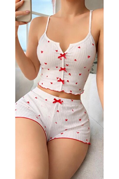 VELORACOO Women's Pajama Set with Heart Patterned Suspender Shorts