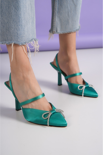 guijarro Women's Satin Stone Bow Detailed Pointed Toe Heeled Shoes Slingback