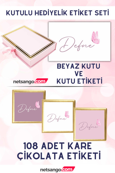 Netsan Etiket Butterfly purple pink gift tag set - pink box, 108 pieces choco...