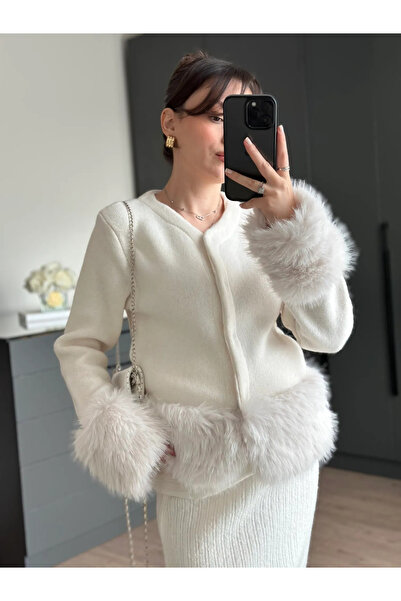 My Blog Ecru Fur Cardigan with Sleeve and Waist Detail - 251104