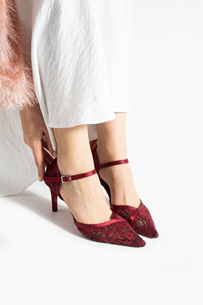 ELVI Burgundy Women's Lace Detailed Heeled Shoes [7] cm