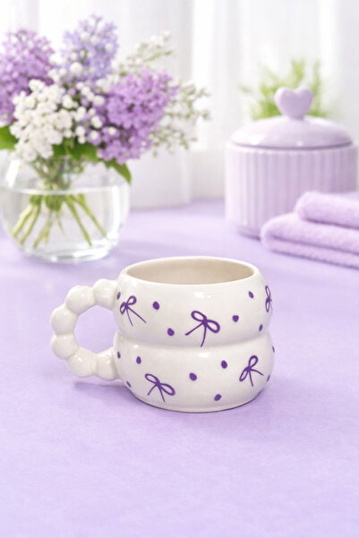 SırART Boncuk Kulp MOR FİYONK DESENLİ Özel Kabartmalı El İşlemeli Seramik Kupa