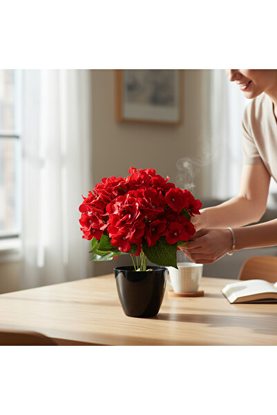 ERHAN FLOWERS Siyah plsatik Vazoda Yapay Ortanca Aranjmanı - 45 cm kırmızı or...