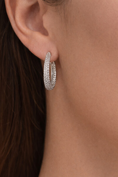 liore dünyası 925 Ayar Gerçek Gümüş Zirkon Taşlı Halka Kadın Küpe