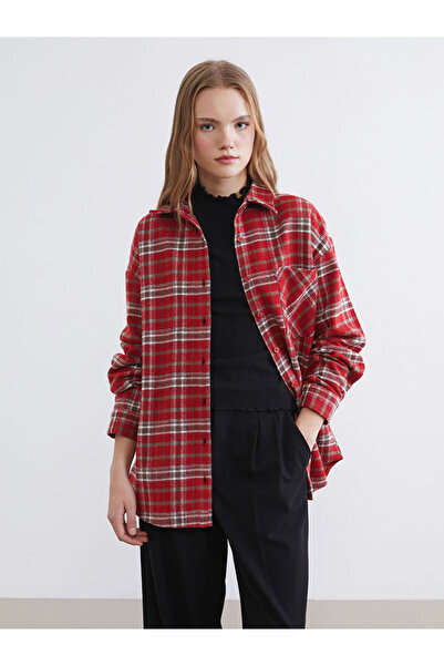 LC Waikiki Bordo Ekose Oversize Kadın Oduncu Gömlek