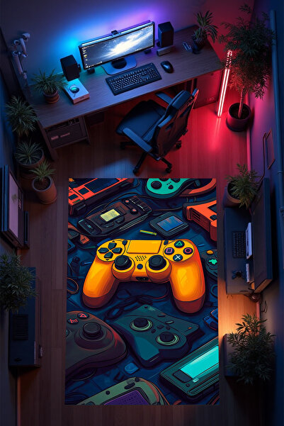 THEMODERNHANE Gamer Genç Odası Halısı Kaymaz Taban Makinede Yıkanabilir Gamin...