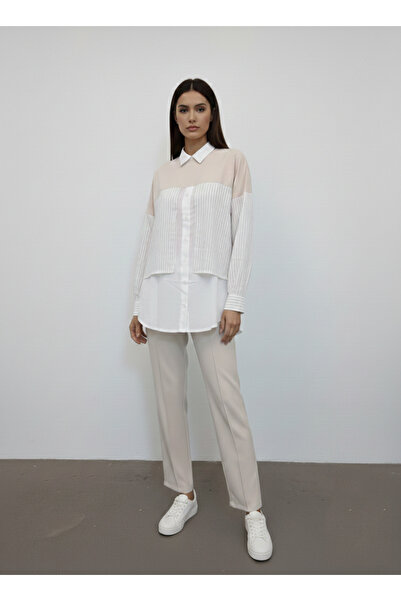 NEW JOURNAL قميص نسائي مخطط باللون الكريمي مع تفاصيل رياضية عالية الخصر طقم ر...