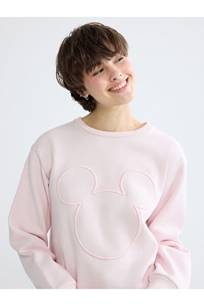 LC Waikiki Pembe Mickey Mouse Nakışlı Kadın Kalın Sweatshirt