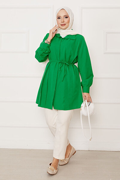 EBRUTESETTÜR Hidden Button Pleated Detail Hijab Shirt Green