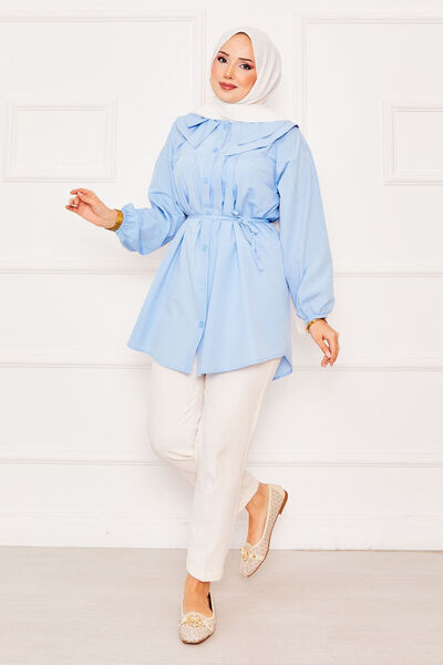 EBRUTESETTÜR Double Collar Lace-Up Waist Hijab Shirt Baby Blue