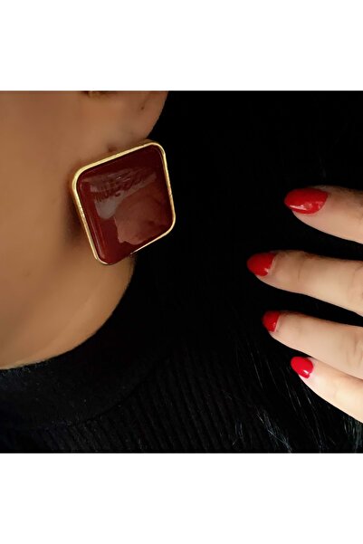 ACAR TAKI Bordo Color Square Earrings-Gold Color Acr8574