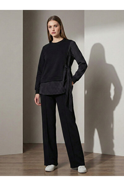 NEW JOURNAL Set sport negru pentru femei, cu detaliu cămașă cu legare în late...