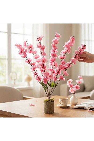 ERHAN FLOWERS Doğal Kütük Saksıda Yapay beyaz Bahar Dalı Aranjmanı (PEMBE)