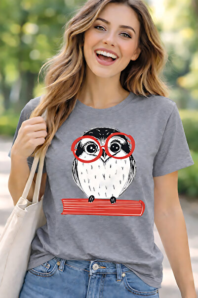 ArtYus Glasses-Wearing Owl Printed Cotton Relaxed Fit Round Neck Unisex T-Shirt