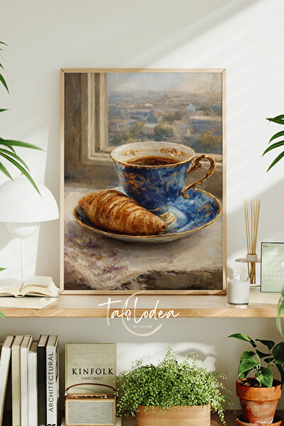 tablodea Pictură în ulei cu aspect vintage, cu cafea și croissanturi, pentru ...