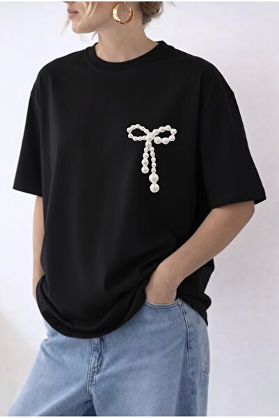 FUFLUNS Pearl Ribbon Printed Oversize Circular Neck T-Shirt