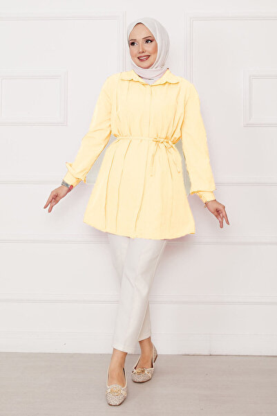 EBRUTESETTÜR Hidden Button Pleated Detail Hijab Shirt Light Yellow