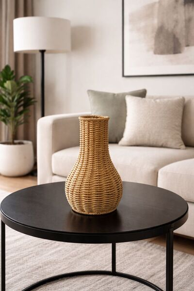 YzHome مزهرية زخرفية من الخيزران والراتان، إكسسوار، وعاء للزهور 24*12 سم