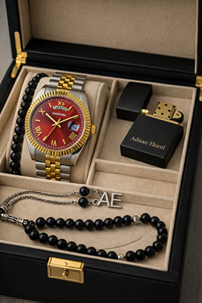 pierrose Gümüş Gold Kırmızı Kadran Su Geçirmez Metal Erkek Kol Saati Çakmak T...