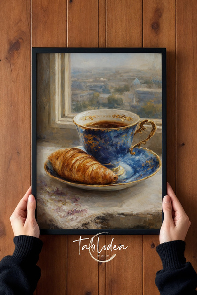 tablodea Pictură în ulei cu aspect vintage, cu cafea și croissanturi, pentru ...