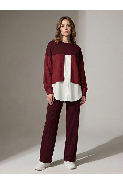 NEW JOURNAL Set sport pentru femei Burgundy cu dungi cu detalii cămașă talie ...