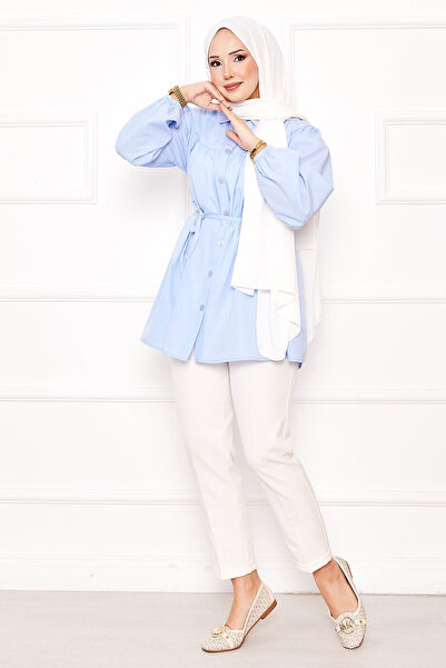 EBRUTESETTÜR Roba Gathered Waist Lace-Up Hijab Shirt Baby Blue