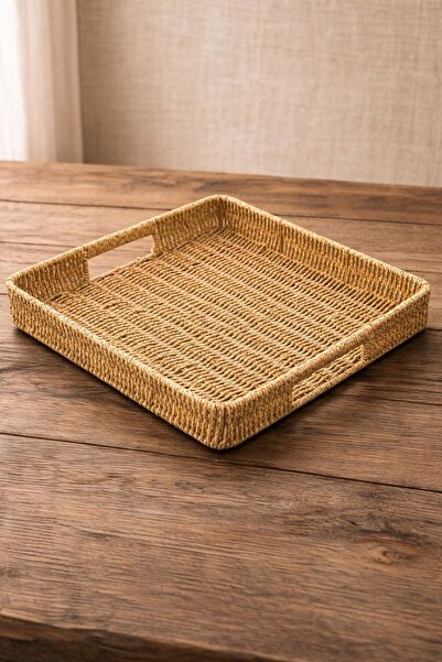 YzHome Large Size Square Wicker Tray Serving Presentation Tray Organizer 35cm