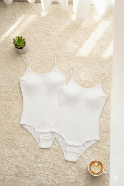 ROZELT Women's Cotton Rope Strap Wide Neckline White 2-Piece Snap-On Bodysuit