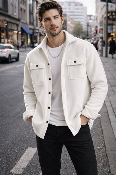 MODA Erkek Beyaz Regular Fit Likralı İçi Polarlı(yünlü) Yüksek Kalite Cepli P...