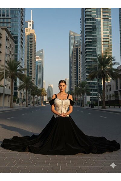 BTROON Evening dress, lace bodice, embroidered pearls, flared skirt, felt