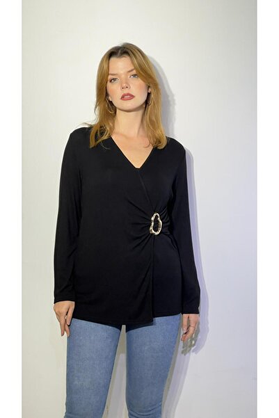 EtkiModa Women's Black Double-Breasted Collar Accessory Detailed Blouse