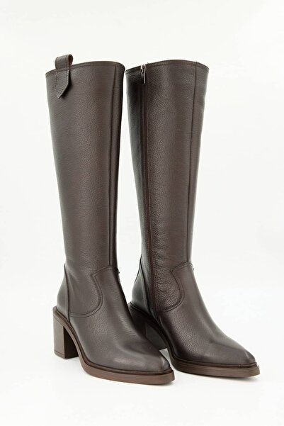 Jande Kadın Kahverengi Hakiki Deri Fermuarlı Uzun Çizme