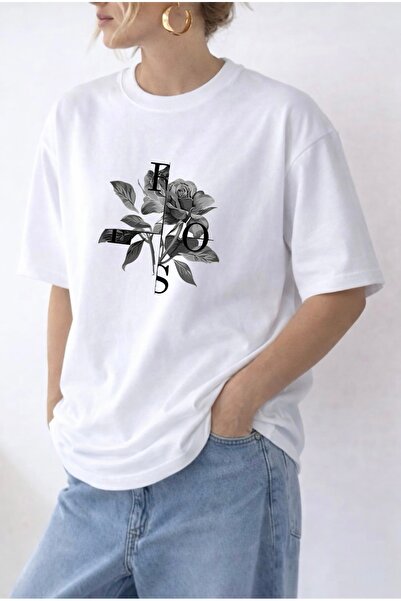 FUFLUNS Rose Flower Printed Women's Circular Neck Oversize T-Shirt