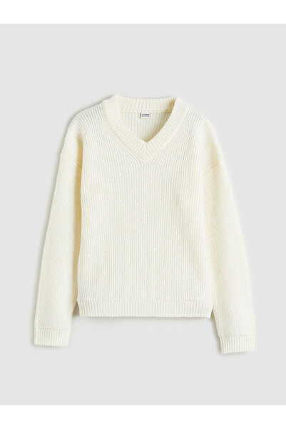 LC Waikiki Ecru v-neck sequin embroidered girl's knit sweater from hera fashion