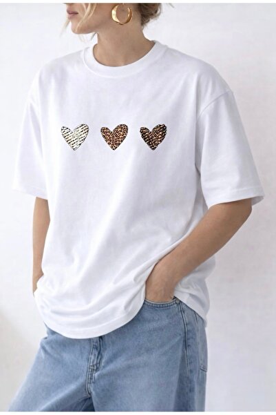 FUFLUNS Leopard Print Hearts Printed Oversize Unisex Women's Circular Neck T-...