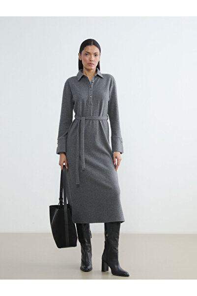 LC Waikiki Lcw Everyday Gray Polo Collar Belted Dress