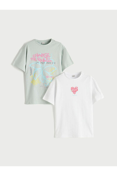 LC Waikiki تي شيرت أبيض مطبوع للفتيات من هيرا فاشون، قطعتان