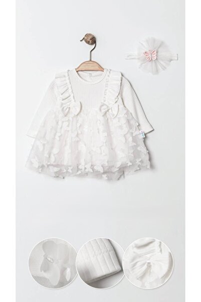 DFN Kız Bebek Beyaz Tüllü Elbise – Kelebek Detaylı, Taç Hediyeli, Uzun Kollu,...