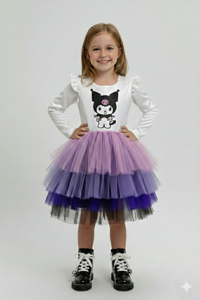 YAĞMUR KOStütüM Kuromi Temalı Kız Çocuk Uzun Kollu Beyaz Doğum Günü Elbisesi ...