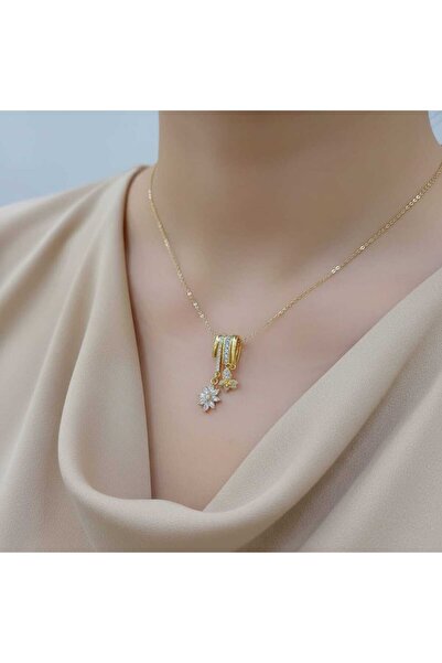 Ralp Moda Gold Plated Women's Necklace with Zircon Stone Flowers and Butterfl...