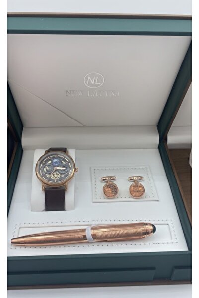 Boutique A set of mechanical watch, pen, and cufflinks in classic brass.