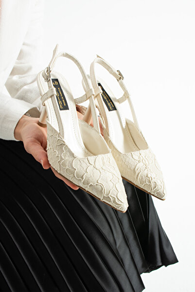 Lebibe Shoes Lisa Women's Ecru Pointed Toe 7 cm Heeled Floral Lace Pattern Pa...