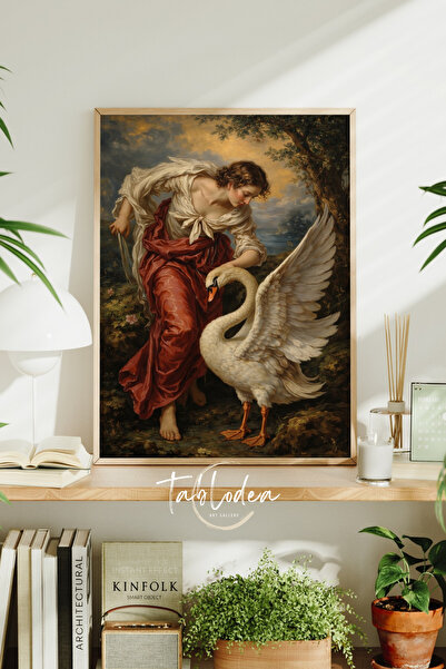 tablodea Pictură vintage cu scenă mitologică cu Leda și lebădă, decor de pere...