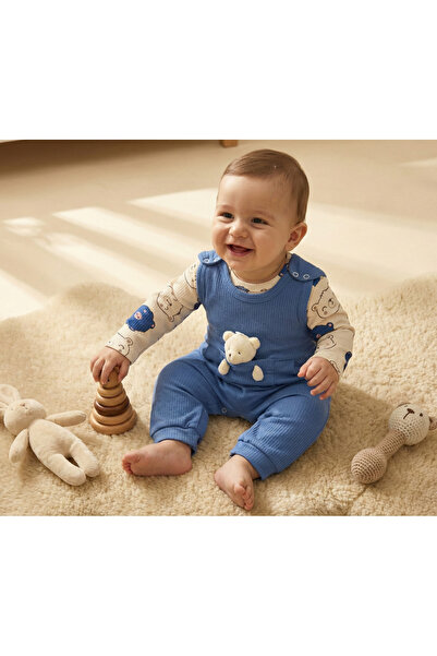MUBA KIDS %100 Pamuk Ayıcık Oyuncaklı Mavi Salopet Tulum Seti - İç Çıtçıtlı Body