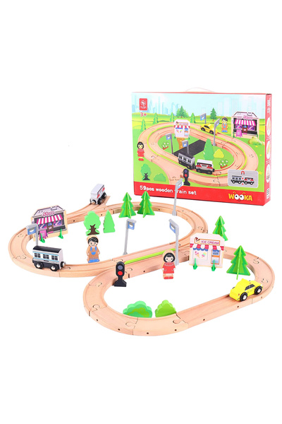 Helga Toys Magnetic Train and Wooden Car Circuit, 59 pieces