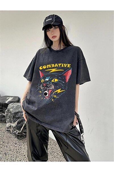 Le Savu تي شيرت كومباتيف كات مطبوع للجنسين قصة فضفاضة قابل للغسل