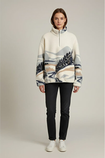 kikiriktekstil Kadın Kayak Desenli Suni Yün Fermuarlı Polar Sweatshirt Yumuşa...