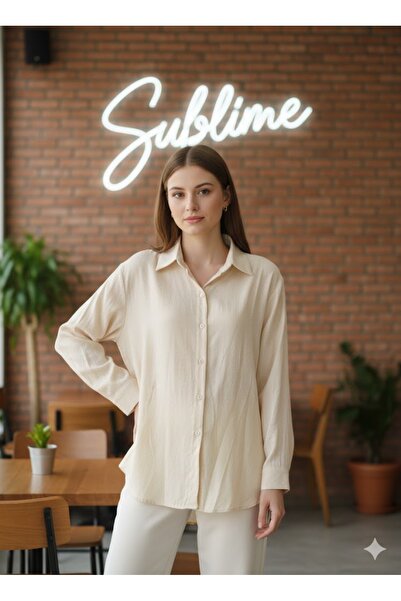Sublime Butik Дамска стилна риза с ленена текстура и в ленен бежов цвят, без ...