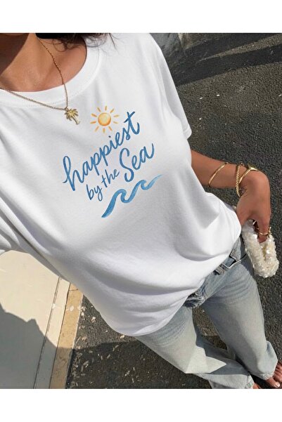 FUFLUNS Happiest by the Sea Printed Women's Crop Neck Oversize T-Shirt