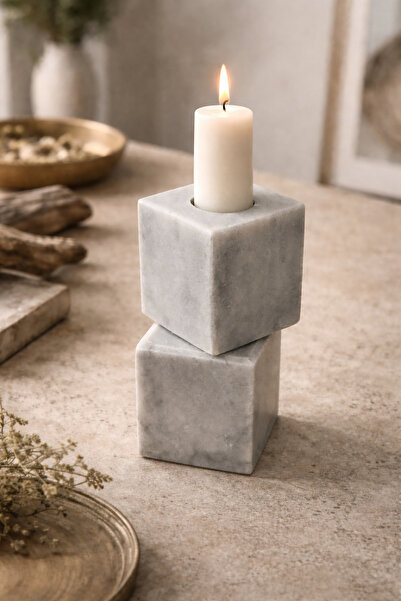 PINALE ART El Yapımı Mermer Mumluk Şamdan 6x6x14 cm